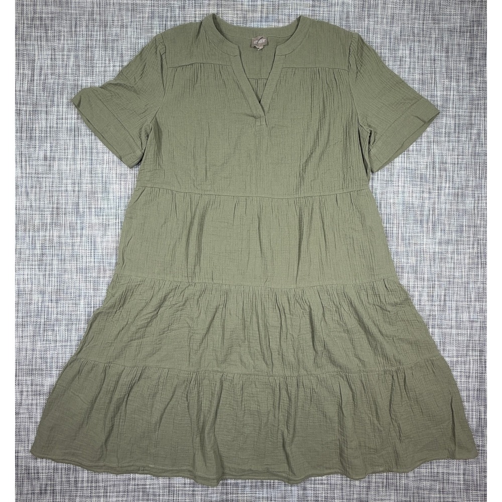 Chicos Womens Cotton Gauze Tiered Midi Dress Olive Notch Neck Approx Size XL